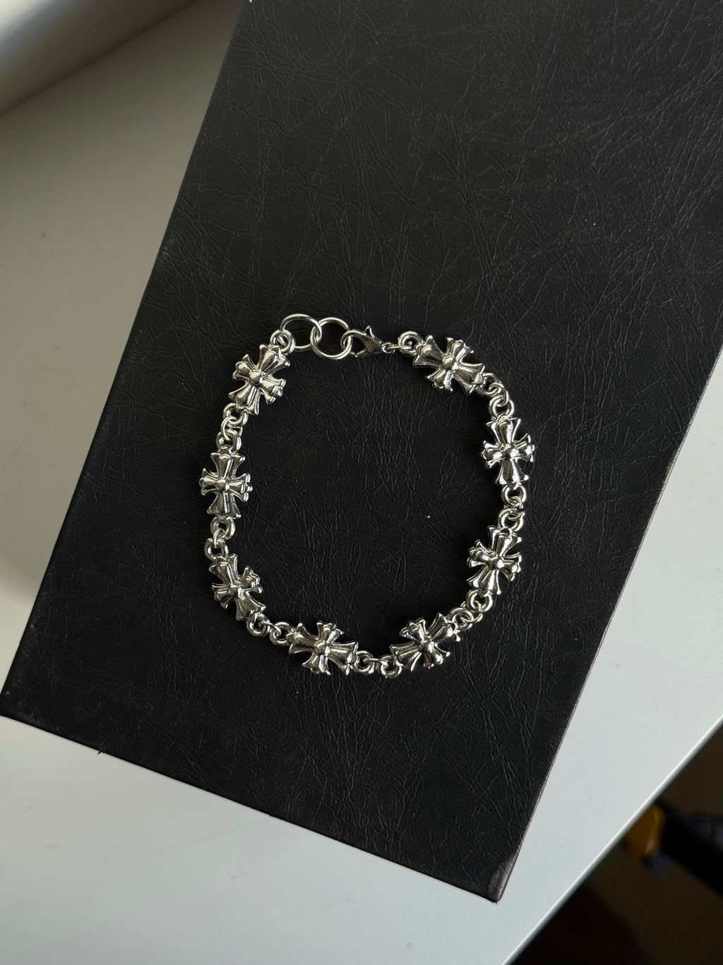 Chrome heart cross link bracelet