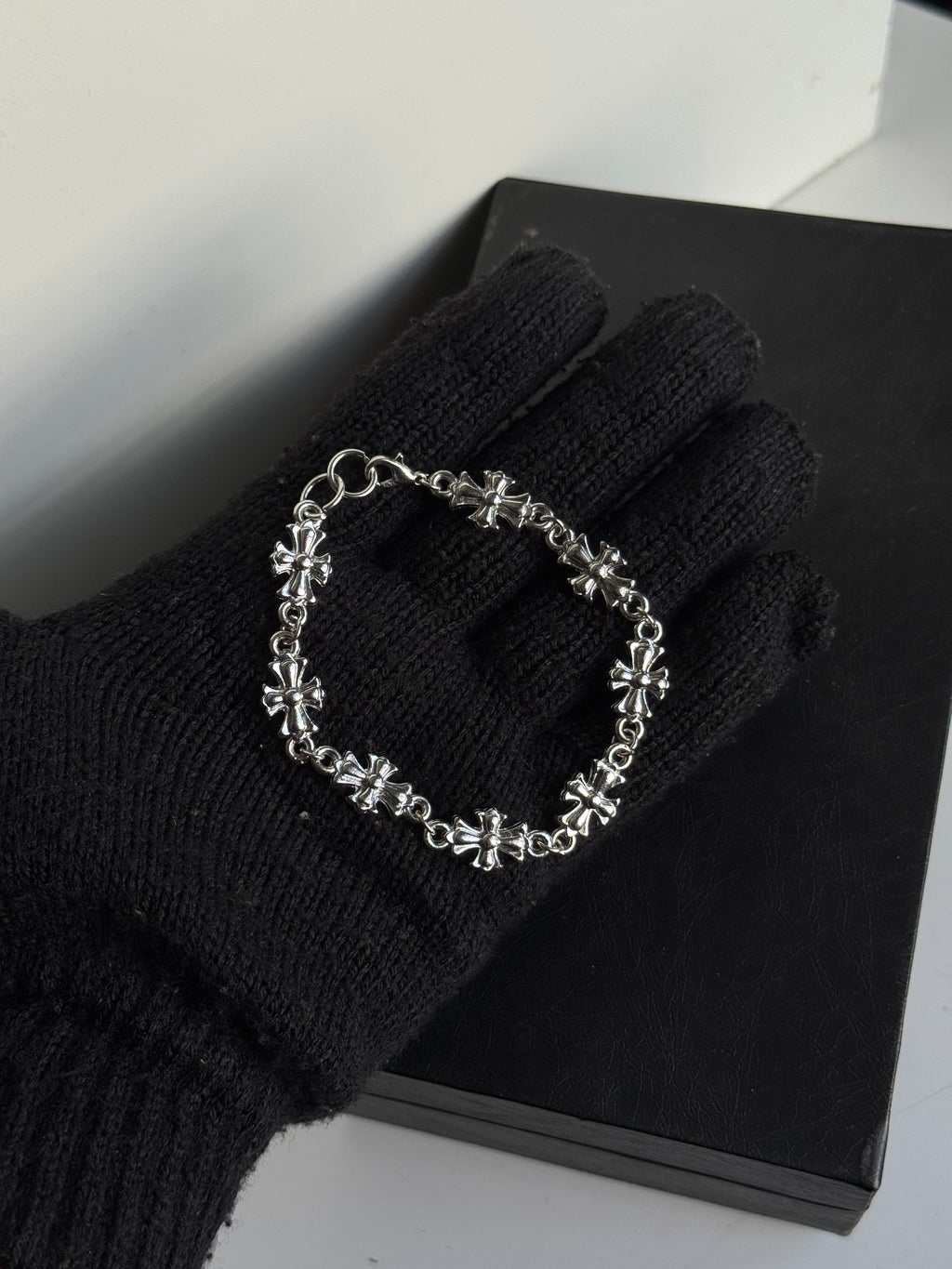 Chrome heart cross link bracelet