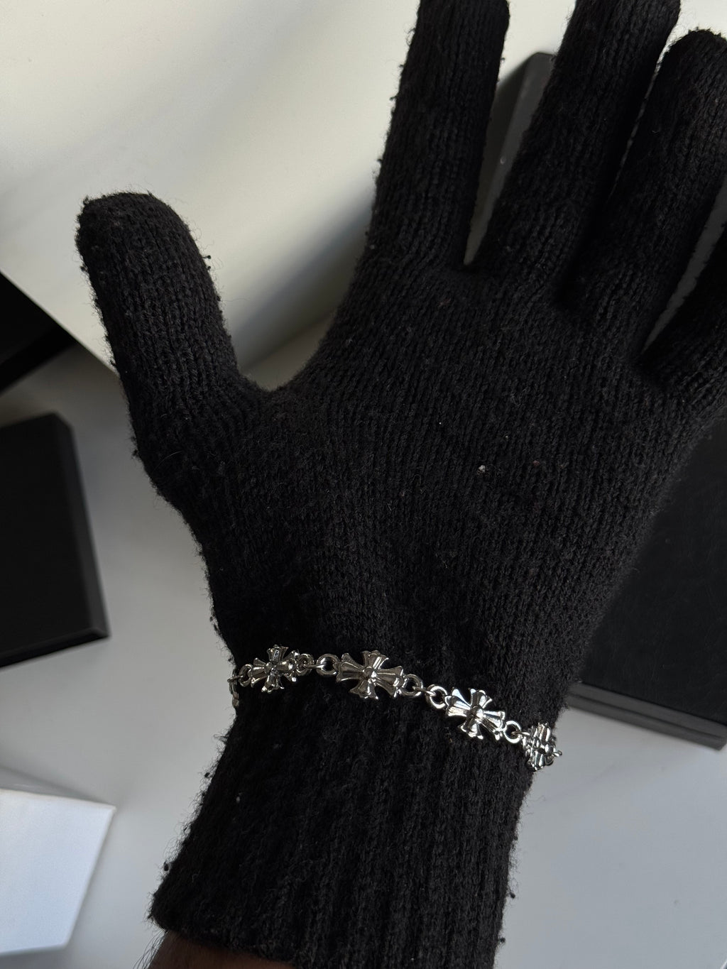 Chrome heart cross link bracelet