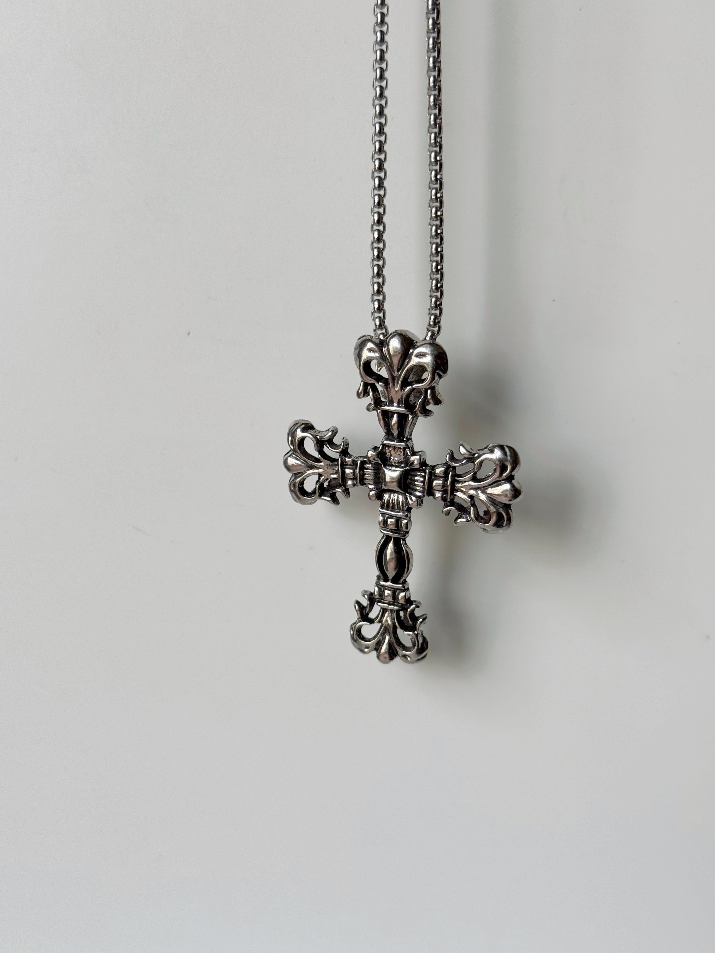 Chrome heart filigree cross chain