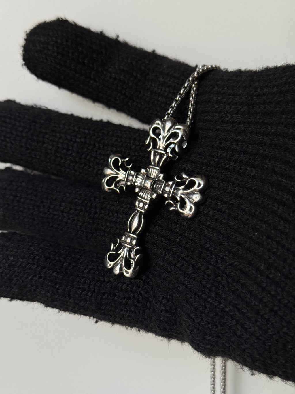 Chrome heart filigree cross chain