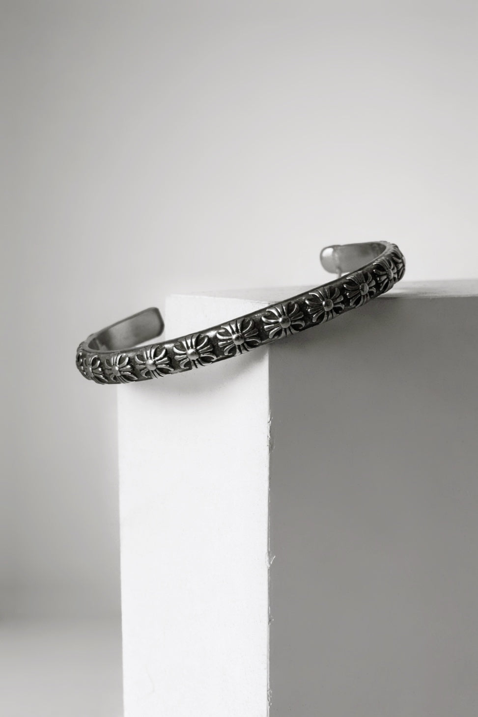 Chrome heart floral cuff bracelet