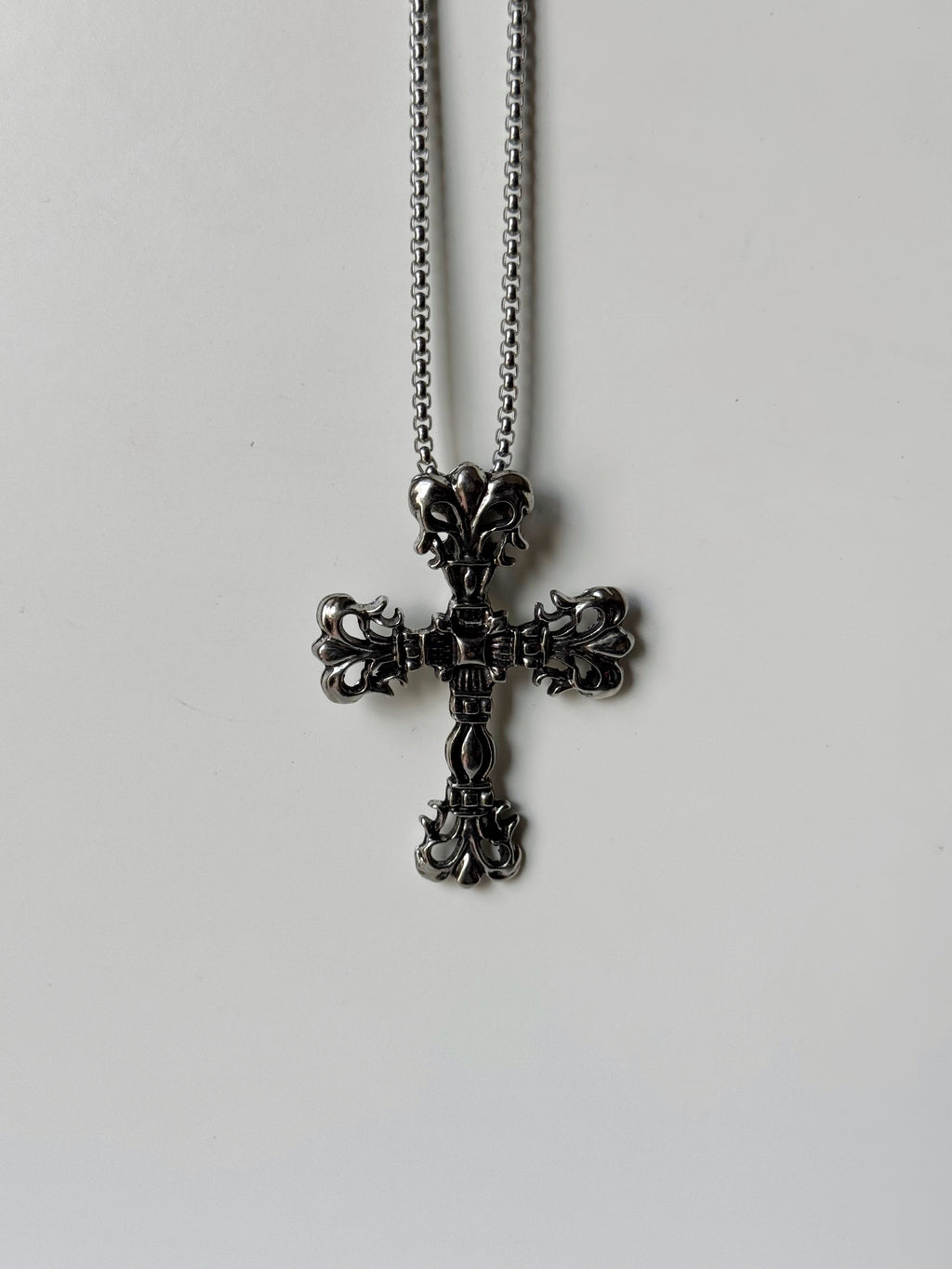 Chrome heart filigree cross chain