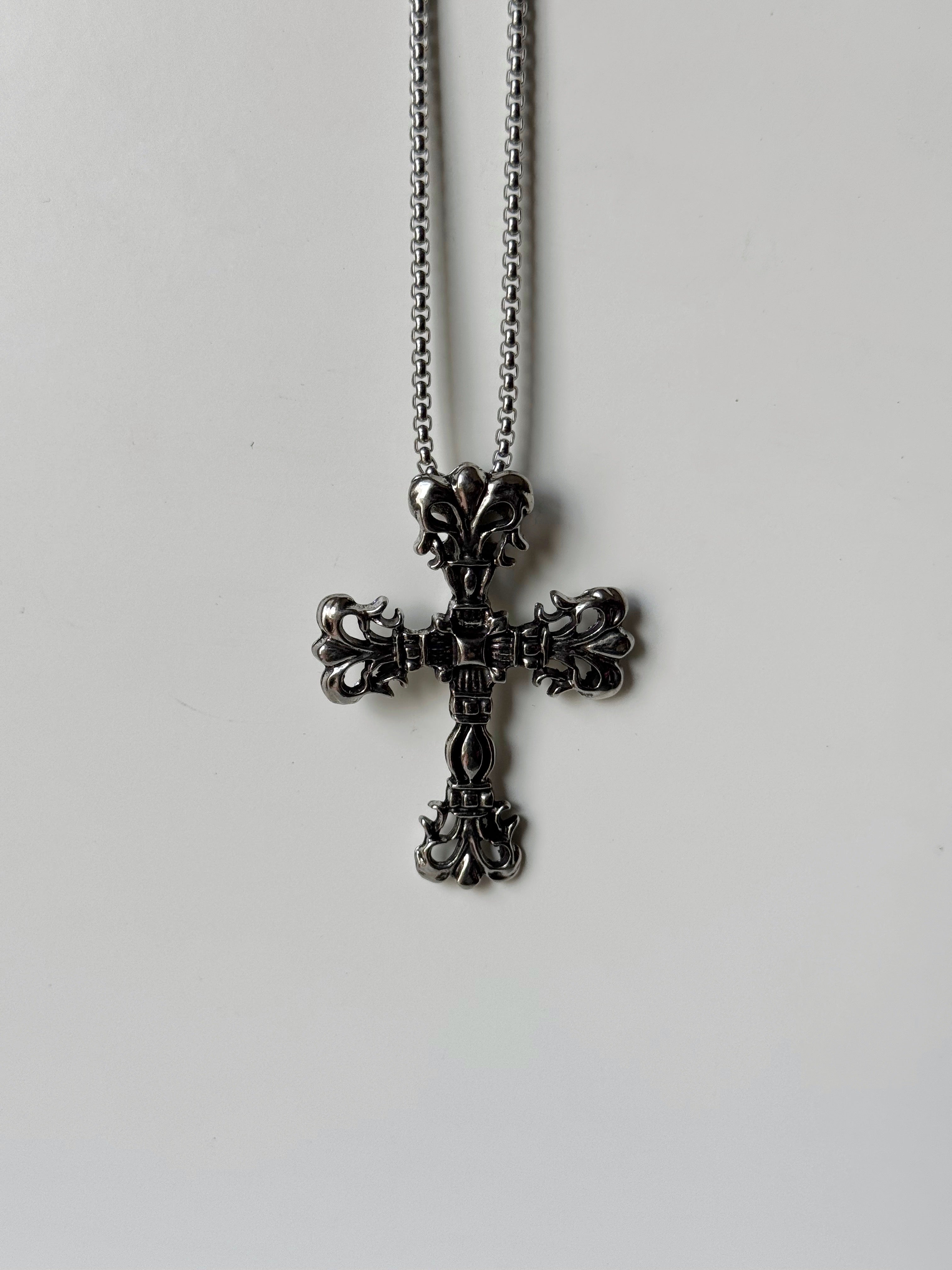 Chrome heart filigree cross chain